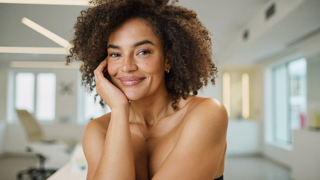 Woman with naturally full glowing skin after a Sculptra treatment at an aesthetics clinic
