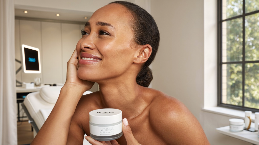 Woman in her 40s with hydrated glowing skin at a premium aesthetics clinic consultation