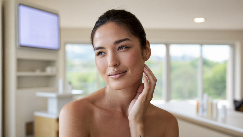 Woman in her late thirties with healthy, calm, hydrated skin touching her cheek in a bright skincare clinic